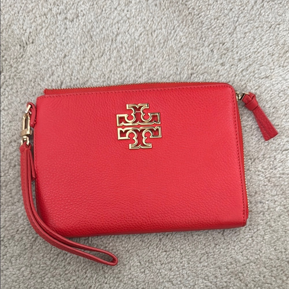 Tory Burch Vibrant Orange/Red Clutch with Gold Logo